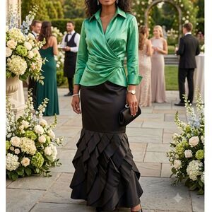 Tadashi Formal Mermaid Dress Green Black Satin Tiered Wrap Sz 2 Vintage